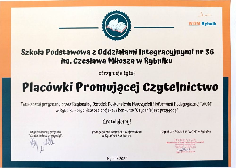 Dyplom poświadczający zdobycie tytułu Placówki Promującej Czytanie