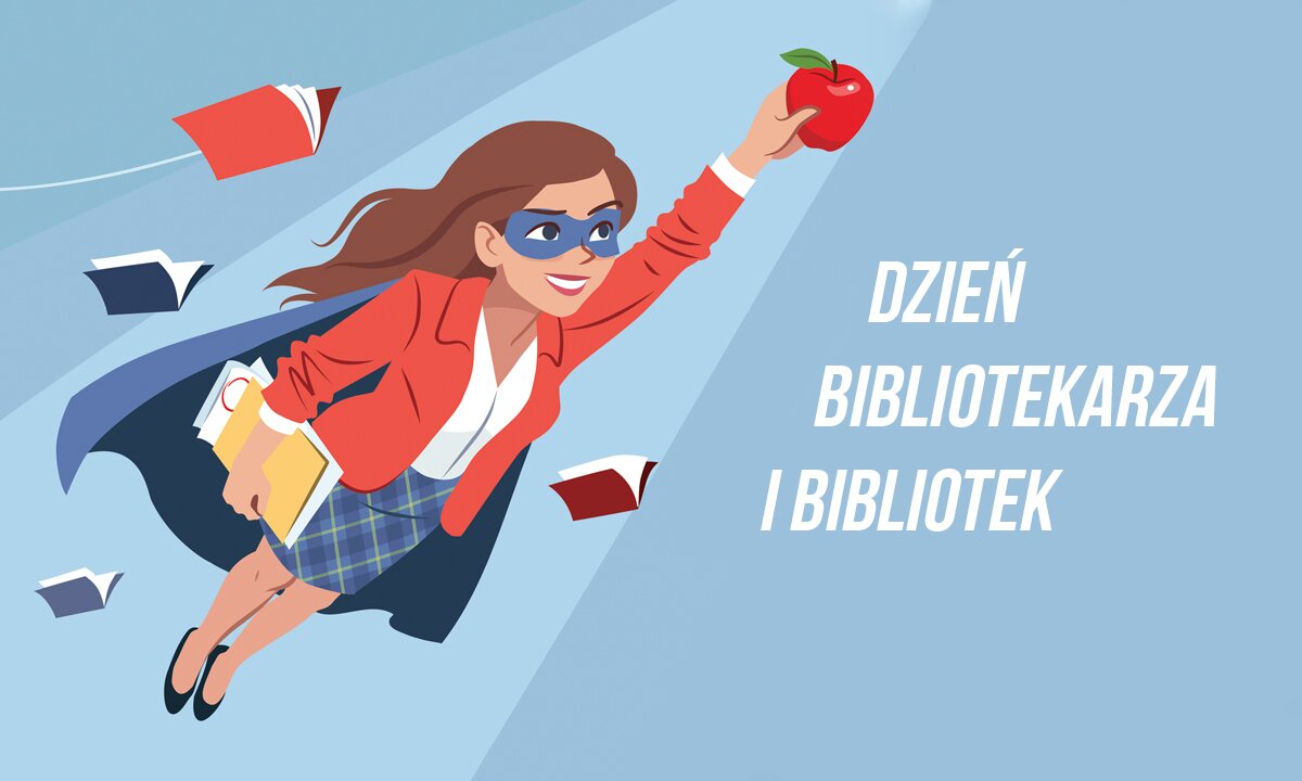Rysunek bibliotekarki i napis dzień Bibliotekarza i Bibliotek