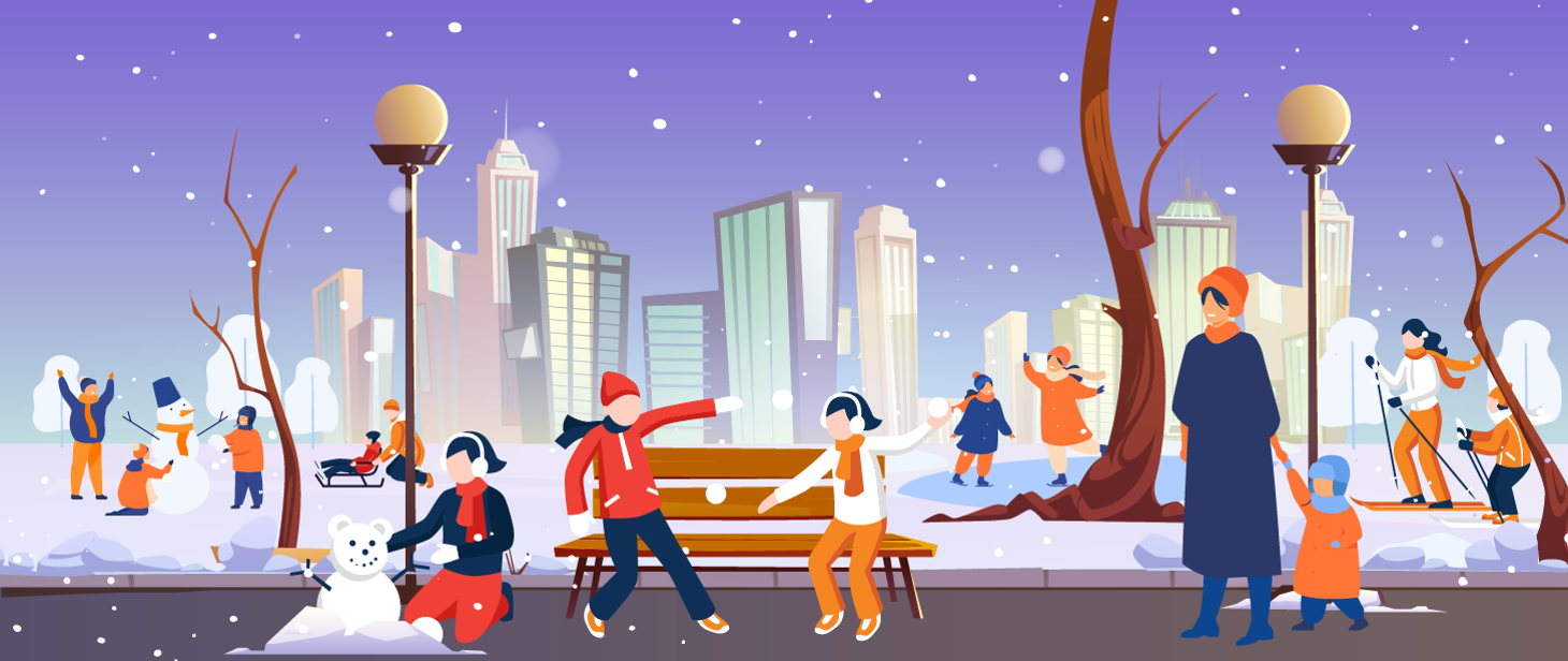 rysunek osób spędzających czas na świeżym powietrzu w zimie w mieście