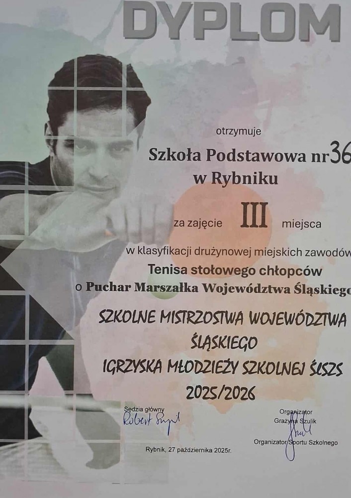 Dyplom za zajęcie III miejsca w Turnieju Tenisa Stołowego