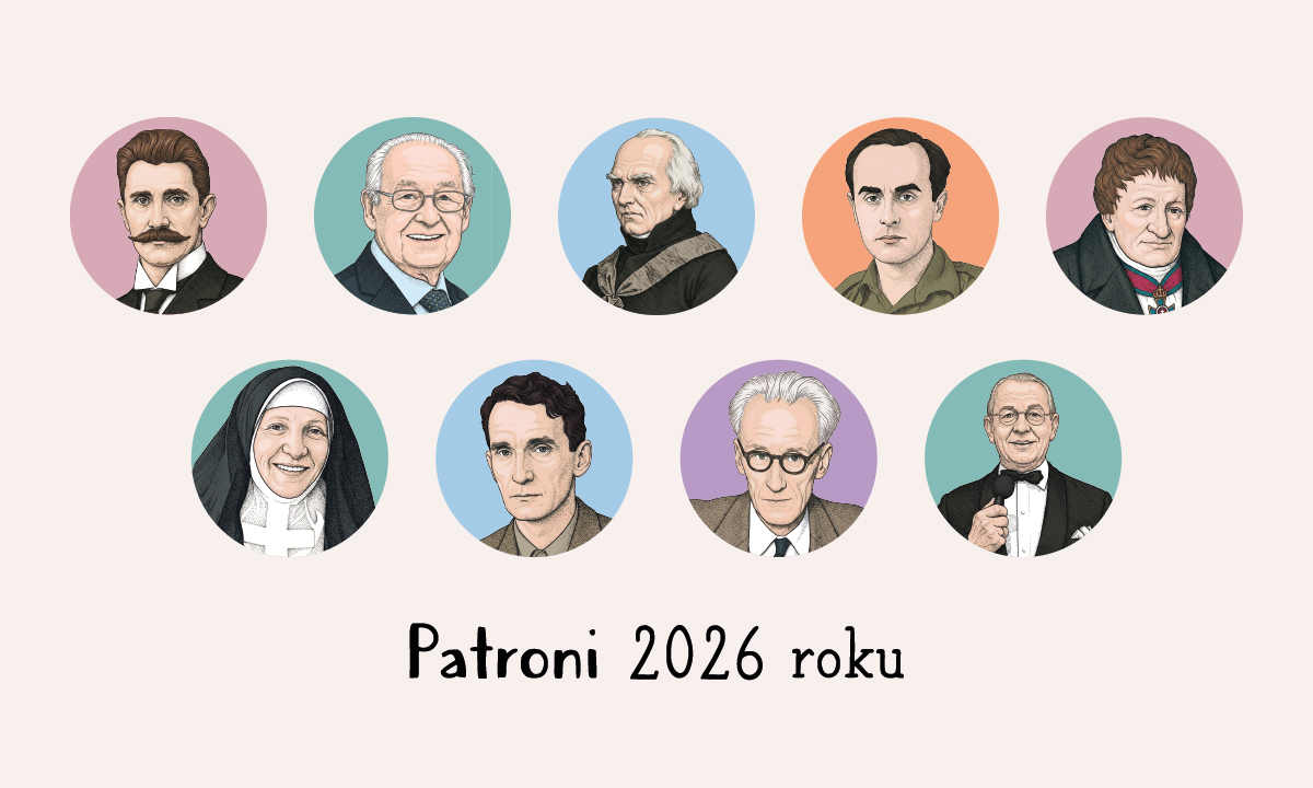 plakat przedstawiający twarze patronów roku 2026