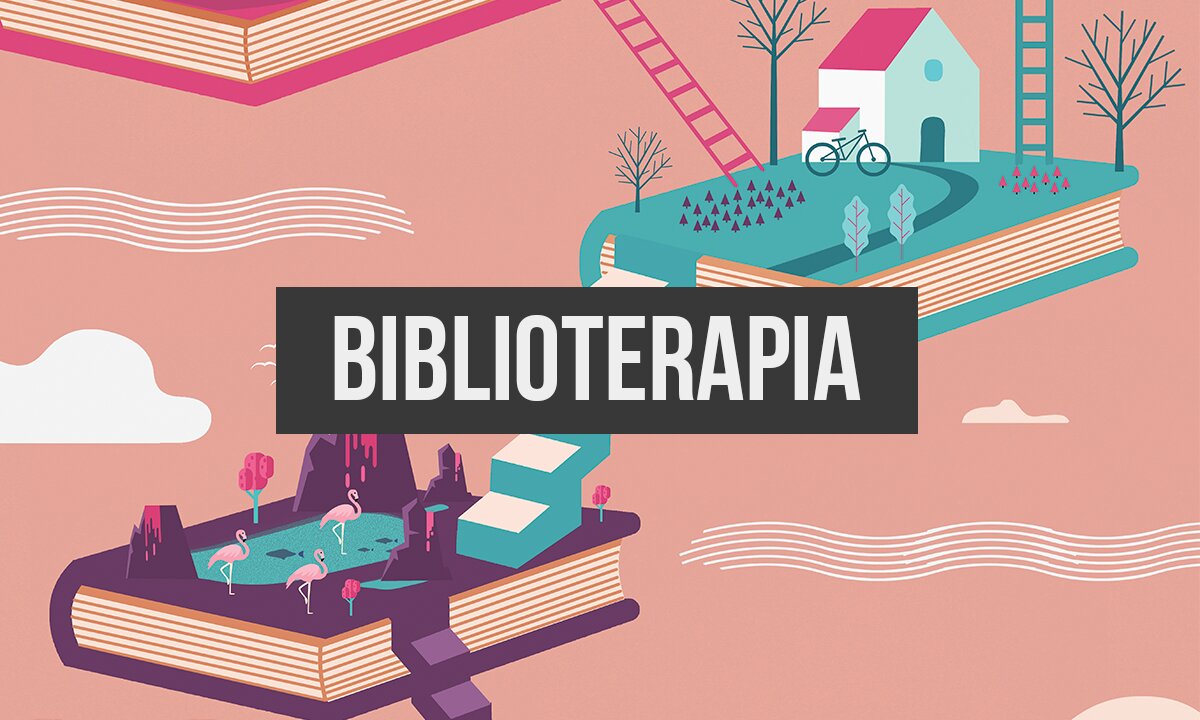 rysunek książek i napis biblioterapia