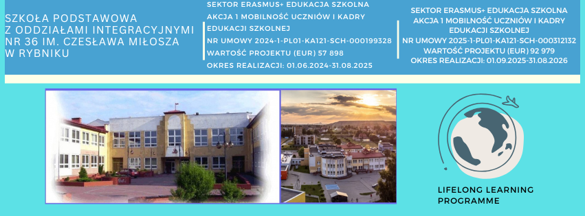 Logo wraz z wizerunkiem szkoły SP36 i informacjami na temat realizowanych projektów Erasmus+