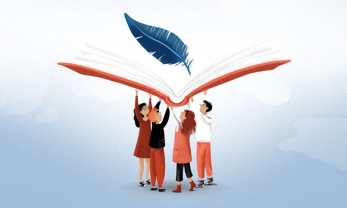 rysunek dzieci trzymają nad głowami jedną dużą książkę