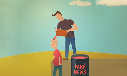 rysunek dwóch chłopców , jeden wlewa do otwartej głowy płyn a obok beczka z napisem fake news