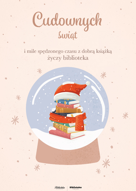 plakat rysunek kuli śnieżnej ze stosem książek na górze czapka mikołaja