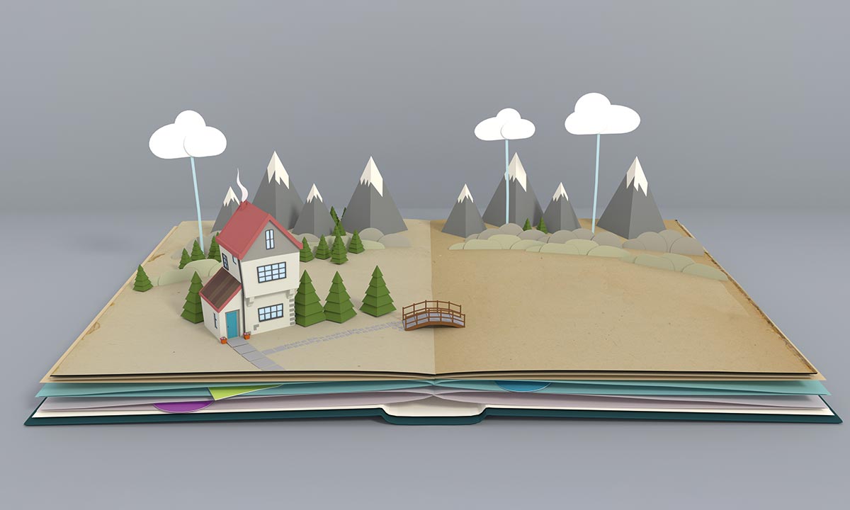 Obrazek przedstawia picture book rozłożony na którym znajduja się dom, góry, choinki i chmury
