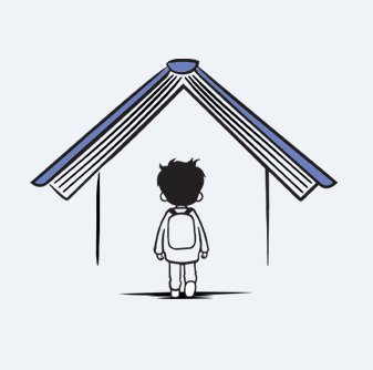 rysunek otwartej książki tworzącej dach budynku do którego wchodzi postać