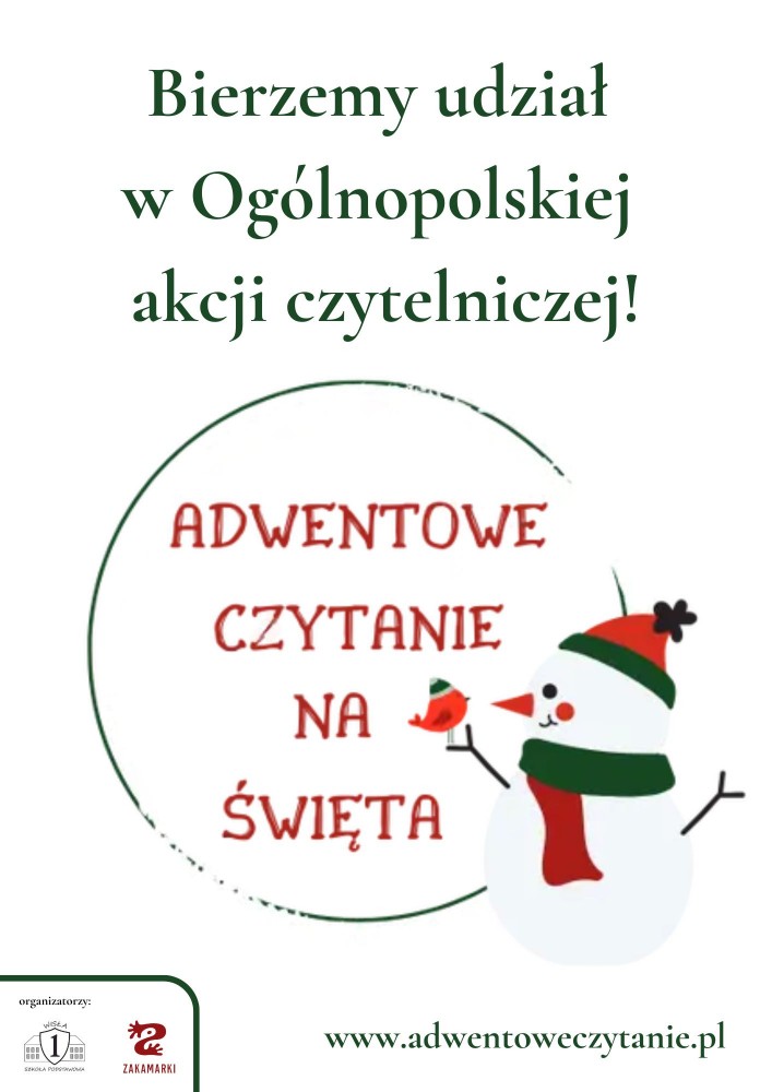plakat z bałwankiem i napisem Adwentowe czytanie na święta
