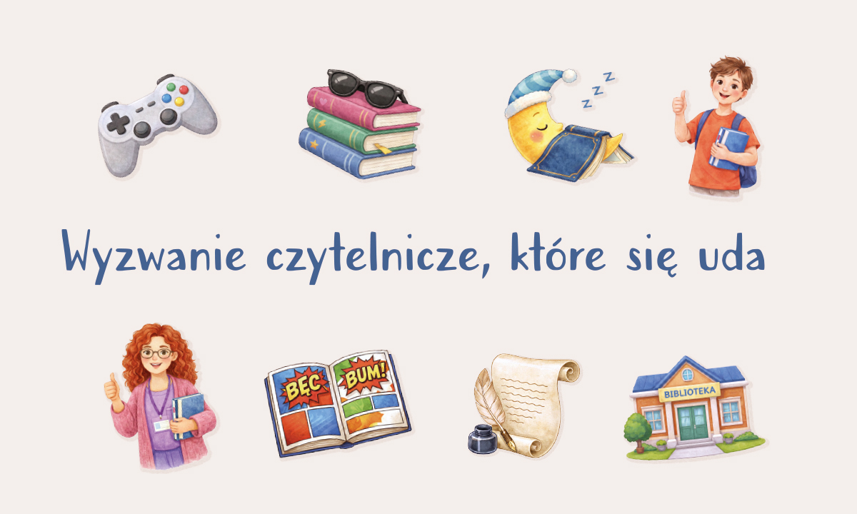 rysunek z napisem Wyzwanie czytelnicze, które się uda