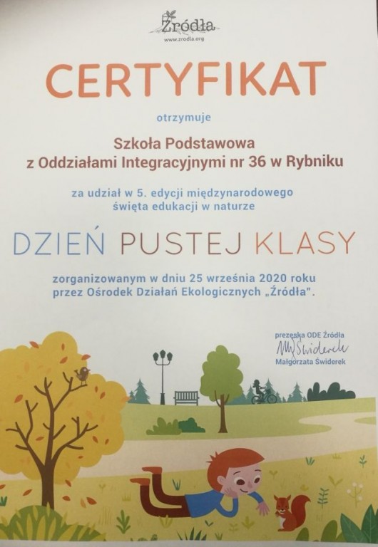 Certyfikat za udział w międzynarodowym święcie edukacji w naturze 
