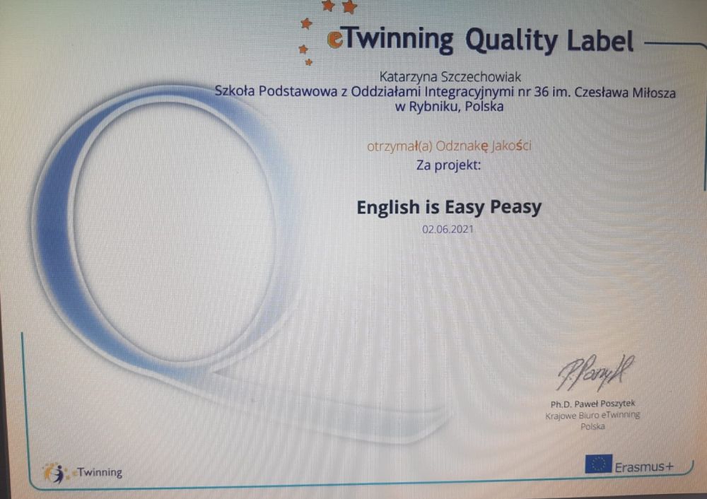 Odznaka jakości za projekt English is Easy Peasy