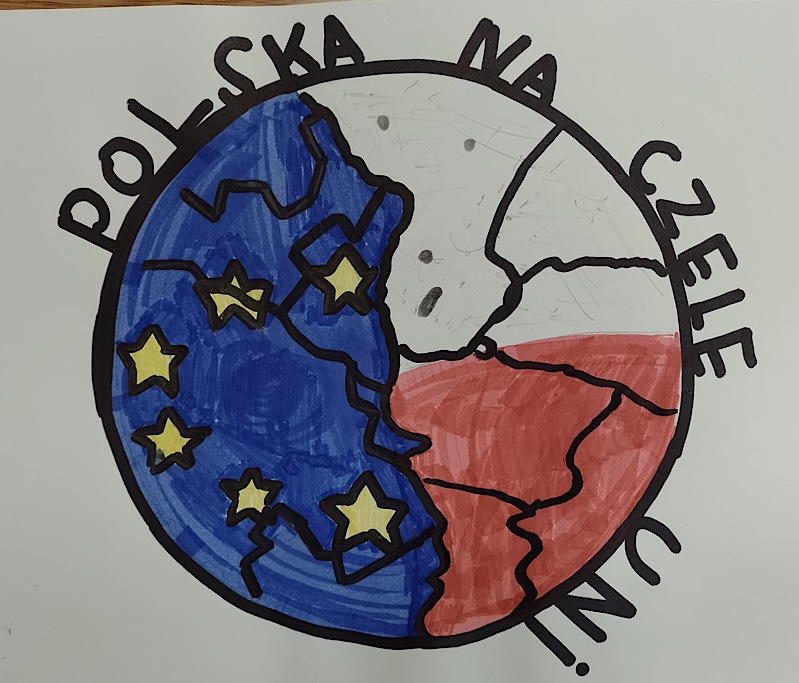 Kadr z wystawy :Polska na czele europejskiej rodziny-prace uczniów.