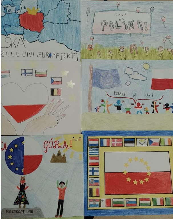 Kadr z wystawy :Polska na czele europejskiej rodziny-prace uczniów.
