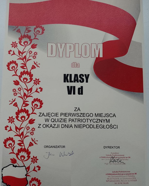 Zdjęcie dyplomu ucznia, którzy bralł udział w konkursie z okazji Dnia Niepodległości.