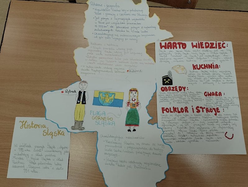 Kadr z zajęć-plakaty o śląskich tradycjach wykonane przez uczniów.