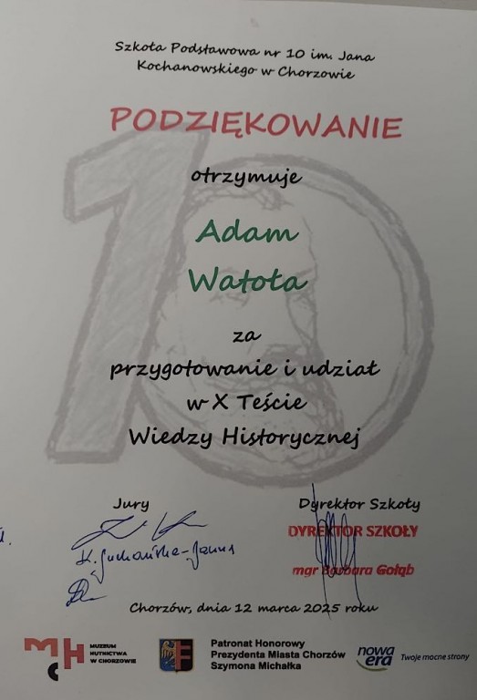 Kadr z konkursu-podziękowanie dla ucznia Adama W.