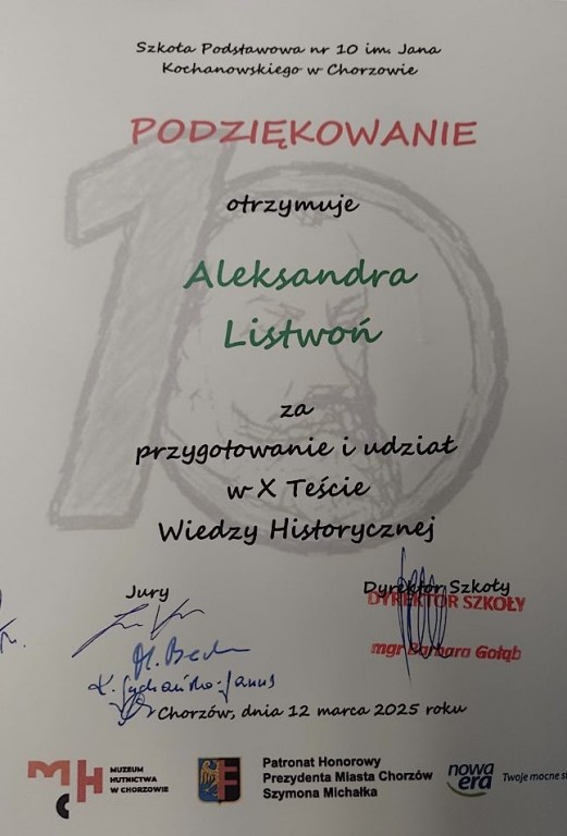 Kadr z konkursu-podziękowanie dla uczennicy Aleksandry L.
