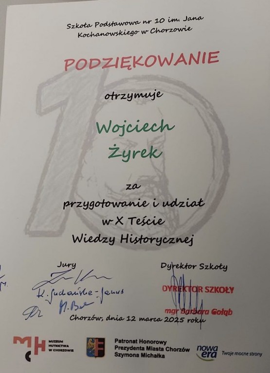 Kadr z konkursu-podziękowanie dla ucznia Wojciecha Ż.