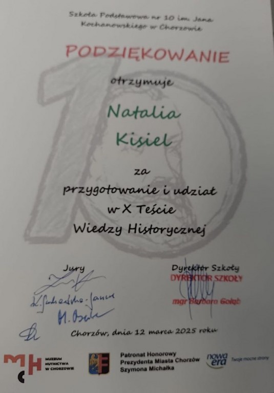 Kadr z konkursu-podziękowanie dla uczennicy Natalii K.