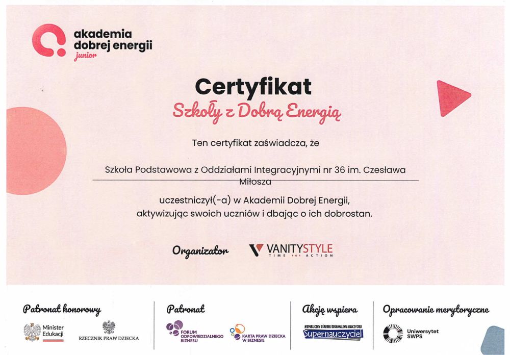 Szkoła z Dobrą Energią - dyplom w kolorze różowym