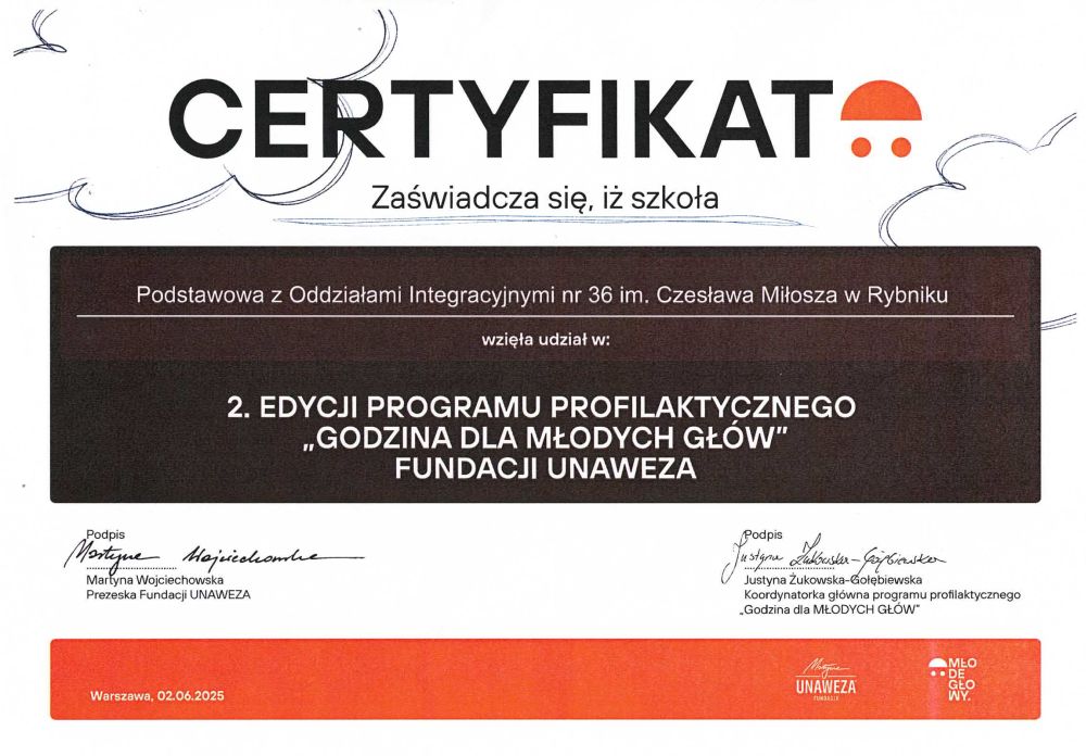 Certyfikat programu profilaktycznego - Godzina Młodych Głów 