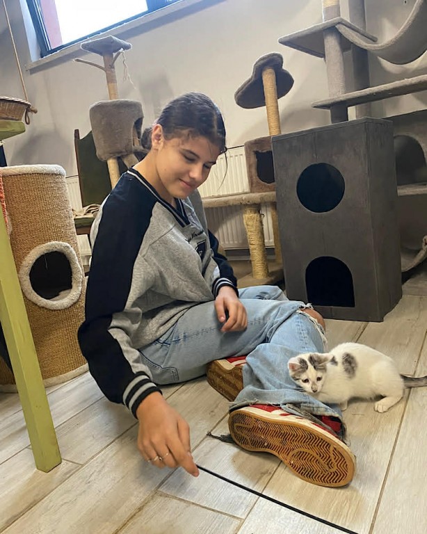 Zdjęcie przedstawia wolontariuszkę Hankę w trakcie zabawy z kotkami w Kocim Domu.
