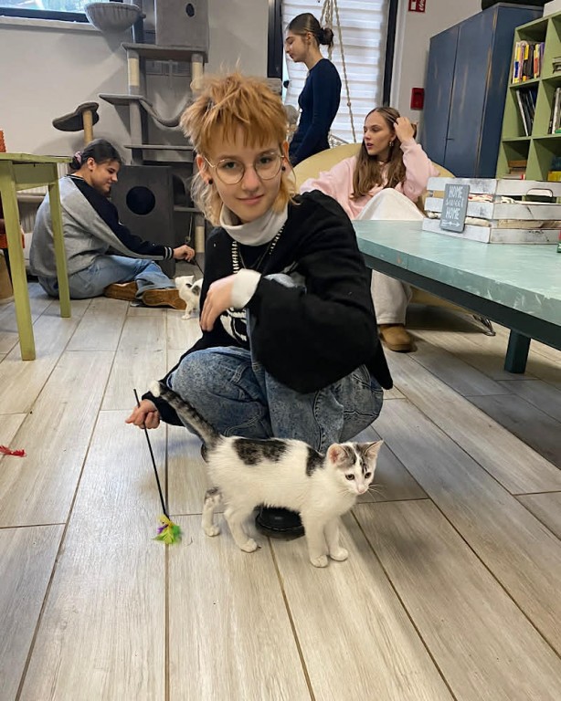 Zdjęcie przedstawia wolontariuszkę Roksanę w trakcie zabawy z kotkami w Kocim Domu.