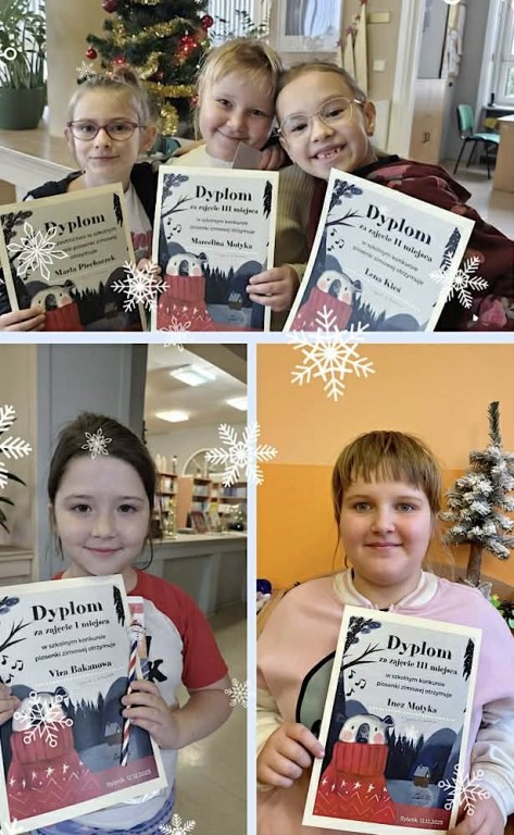 Zdjęcie przedstawia uczniów klasy 1b i 3b  biorących udział w Konkursie Piosenki Zimowej.