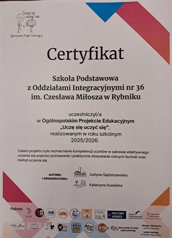 Certyfikat w Ogólnopolskim Projekcjie Edukacyjnym „Uczę się uczyć”