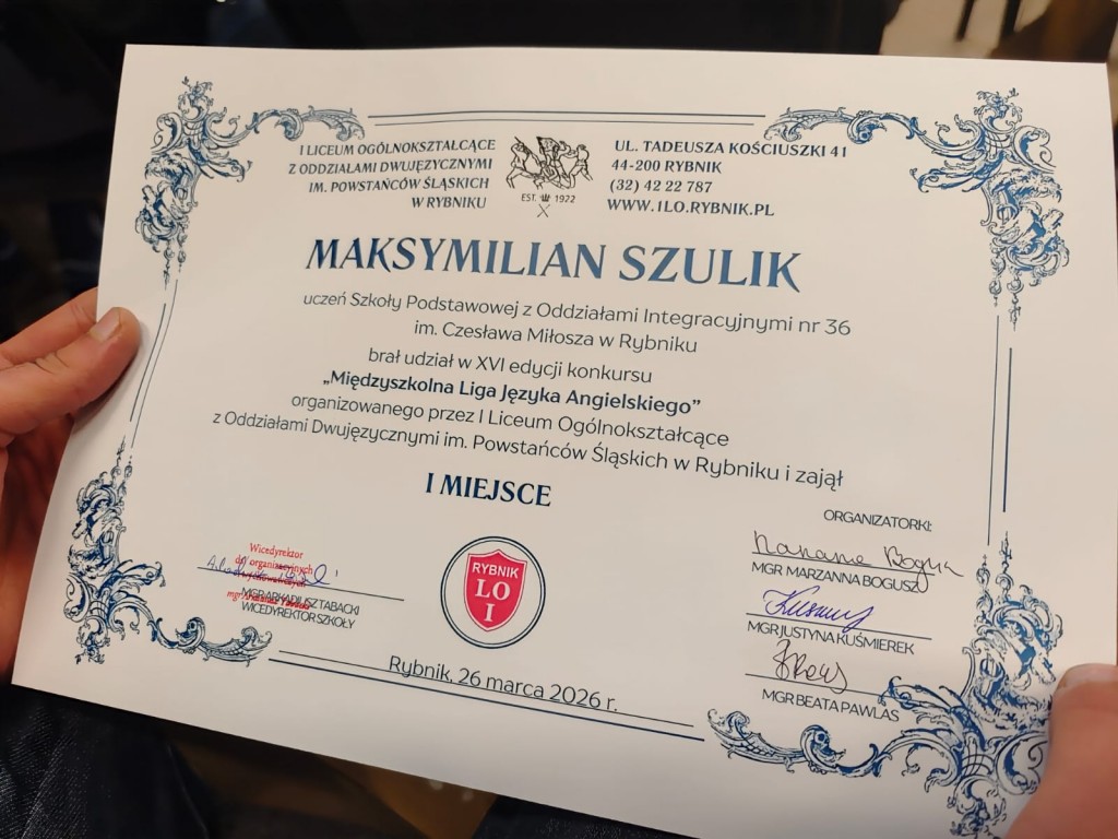 Występ ucznia SP36 w XVI Międzyszkolnej Lidze Języka Angielskiego 2026 w ILO w Rybniku. Dyplom dla Maksymiliana Szulika.