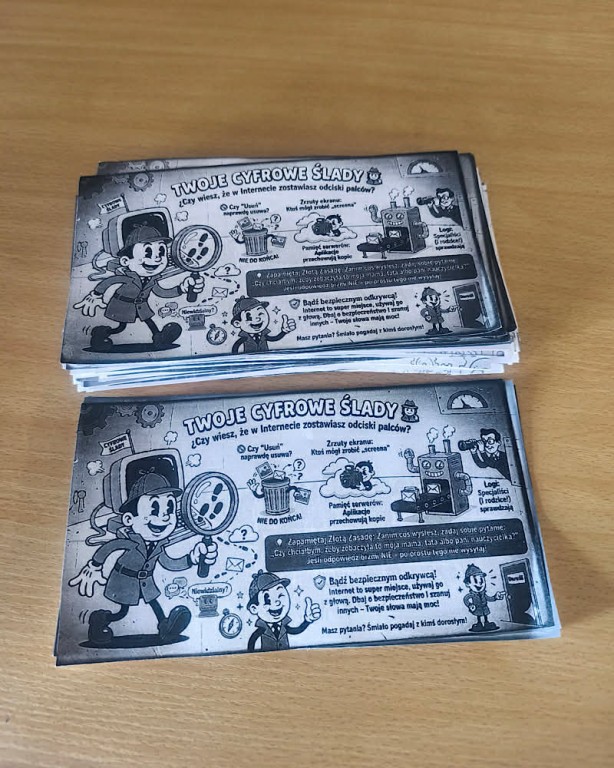 Zdjęcie przedstawia ulotki rozdawane uczniom podczas  przedstawienia z okazji Dnia Bezpiecznego Internetu.