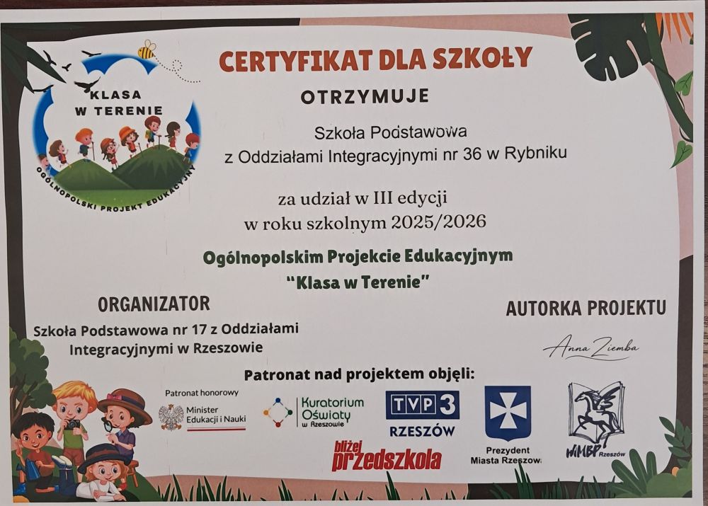 Ogólnopolski projekt Edukacyjny „Klasa w Terenie  przedstawia dyplom