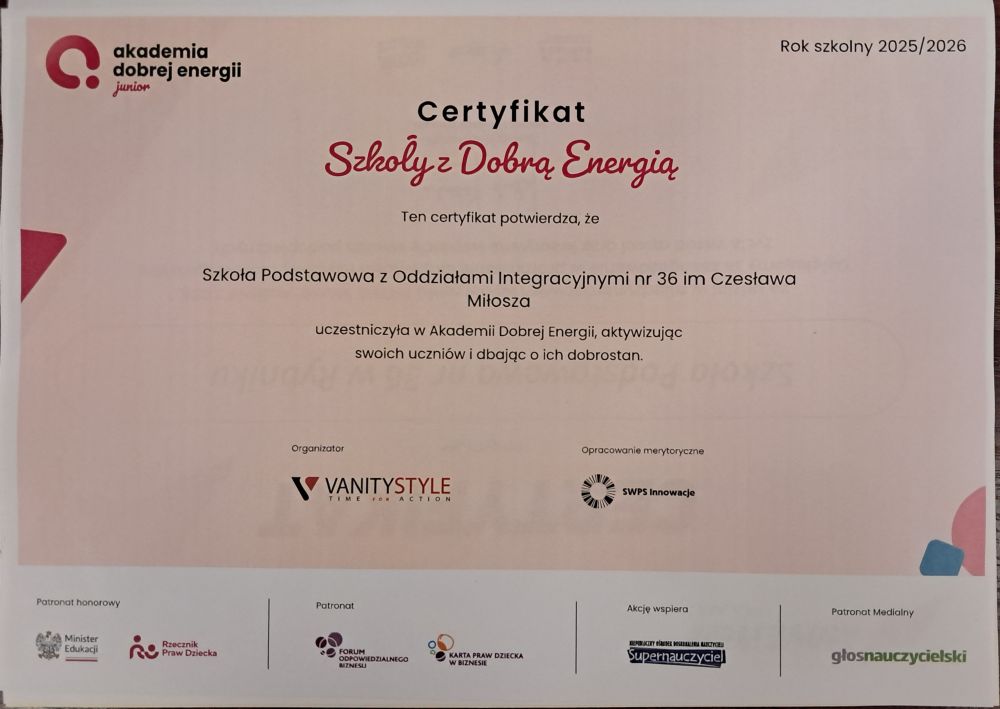 Napis: Certyfikat uczestnictwa w Akademii Dobrej Energii 