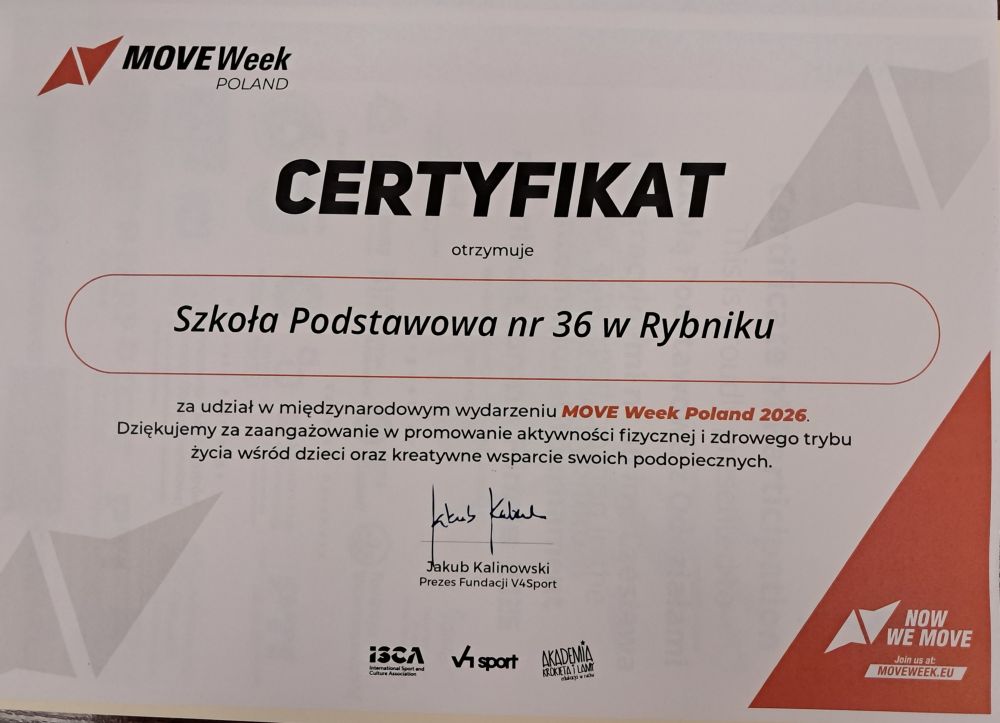 Napis: Certyfikat uczestnictwa w międzynarodowym wydarzeniu „Move Week Poland 2026” 
