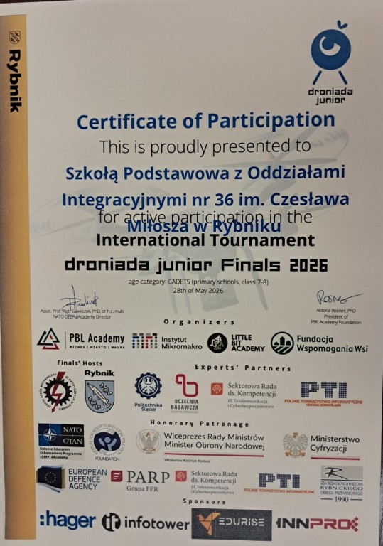 Napis: Certyfikat za udział w ogólnopolskim projekcie edukacyjnym „OSEhero” 