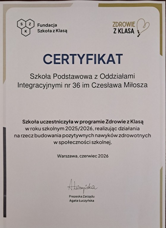 Napis: Certyfikat uczestnictwa w programie „Zdrowie z Klasą” 