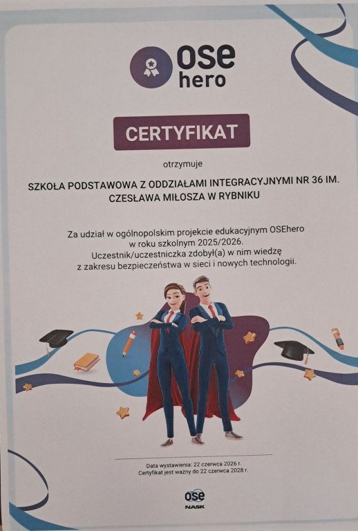 Napis: Certyfikat za udział w ogólnopolskim projekcie edukacyjnym „OSEhero” . 