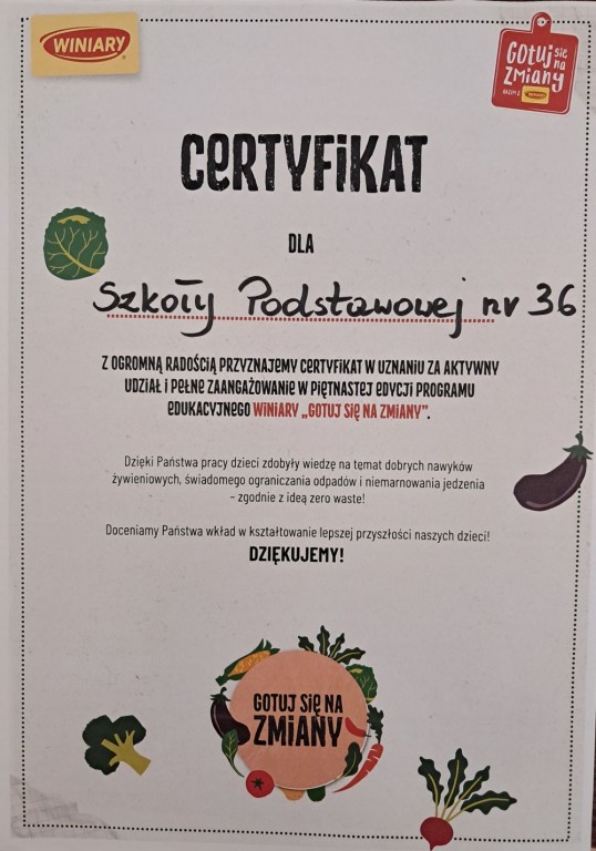 Napis: Certyfikat za udział w programie edukacyjnym Winiary „Gotuj się na zmiany”