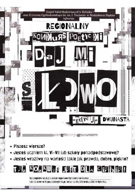 Plakat promujący konkurs poetycki "Daj mi słowo"