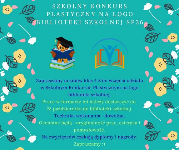 Plakat reklamujący konkurs plastyczny na logo biblioteki szkolnej