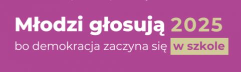 Baner różowy z napisem Młodzi głosują 2025 bo demokracja zaczyna się w szkole