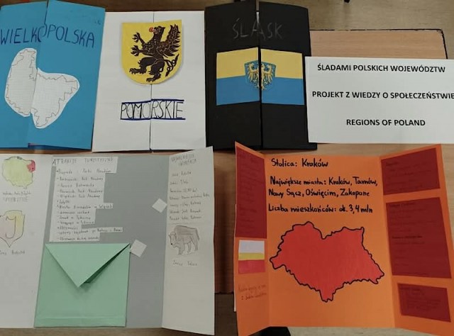 Zdjęcie przedstawia lapbook pt. „Śladami Polskich Województw – Regions of Poland”.