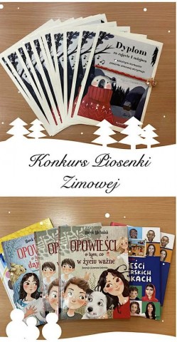 Zdjęcie przedstawia dyplomy dla uczniów klasy 1b i 3b  biorących udział w Konkursie Piosenki Zimowej.
