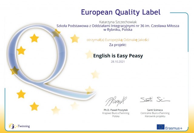 szkoła otrzymała Europejską Odznakę Jakości eTwinning