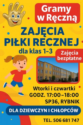 Plakat informujący o zajęciach sportowych z piłki ręcznej. 