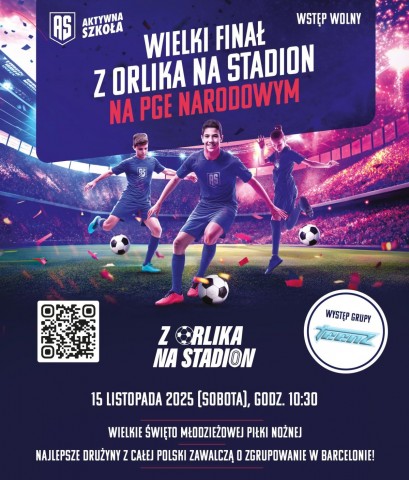 Zdjęcie przedstawia trzech piłkarzy i napis Z Orlika na stadion na PGE Narodowy
