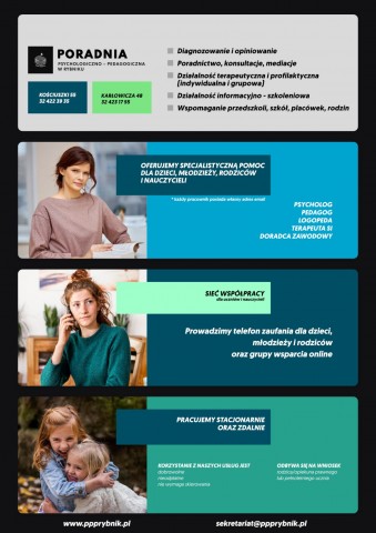 Plakat przedstawia informacje w zakresie udzielanego wsparcia przez publiczne poradnie psychologiczno - pedagogiczne