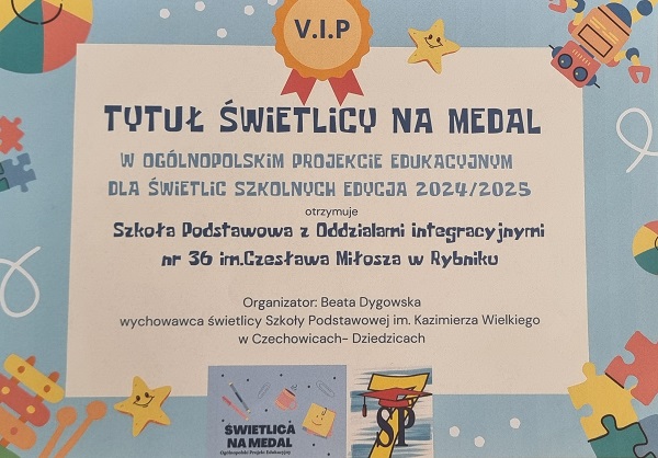 Certyfikat "Świetlica na medal" w postaci prostokąta z niebieską ramką z ozdobami typu puzzle