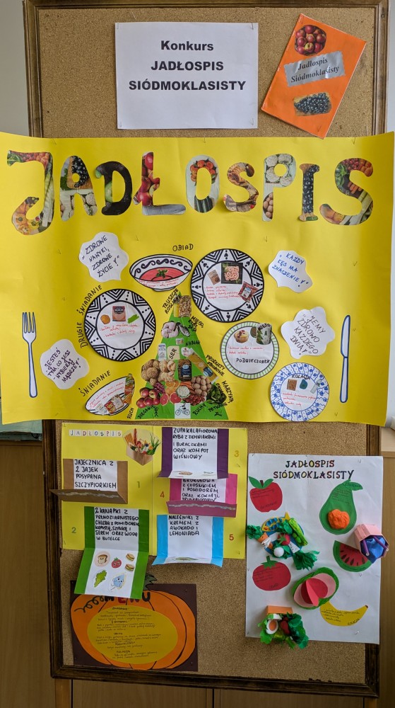 Szkolny konkurs na jadłospis siódmoklasisty. Wystawa prac konkursowych.
